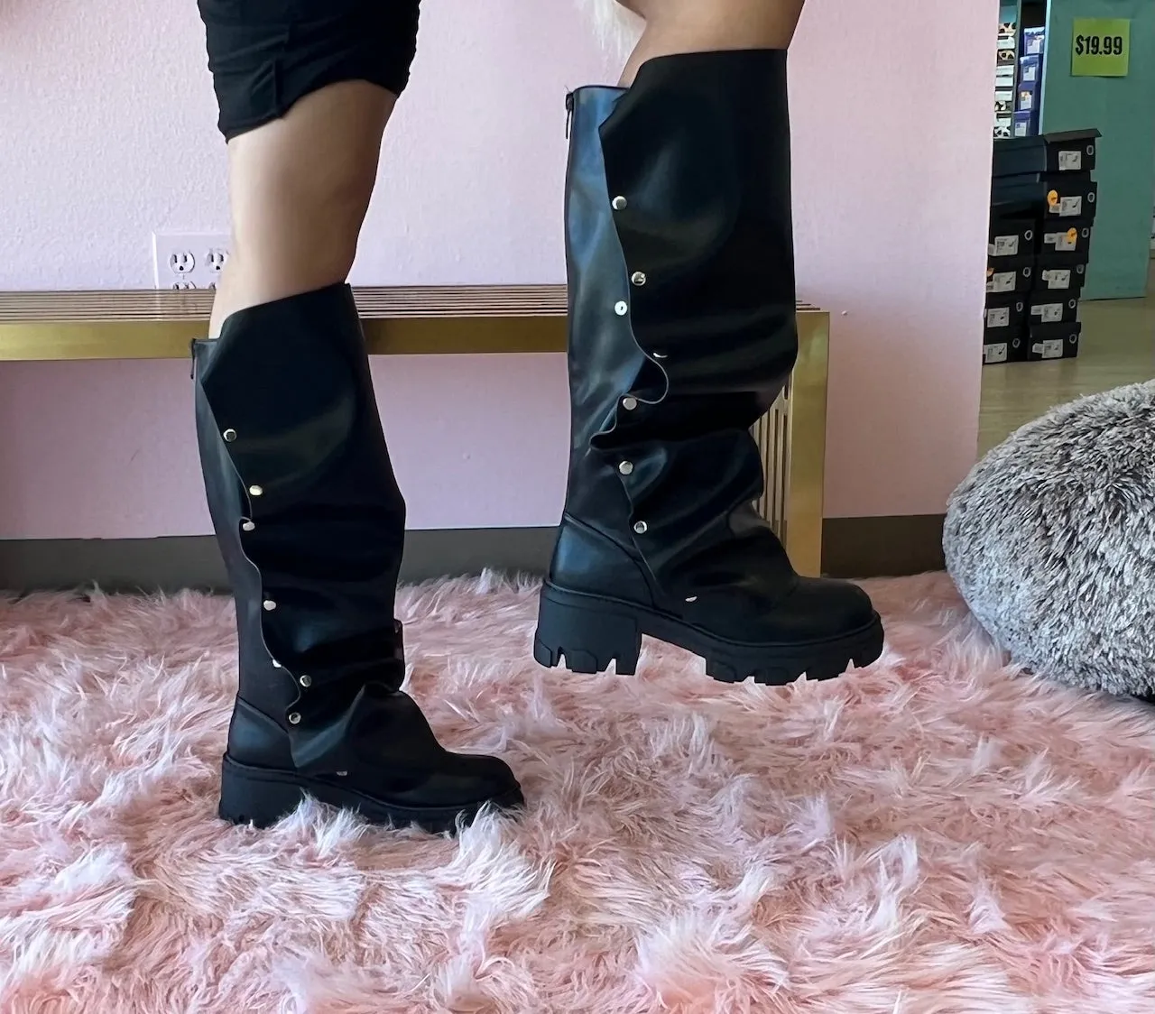 MAGEO-1 Black Faux Leather Platform Boot - Snap Front Drape Panel - Knee High Boot