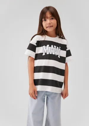 Mavi Logo Printed Anthracite Striped T-Shirt