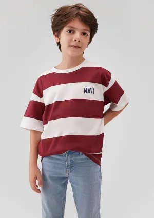 Mavi Logo Printed Burgundy Striped Tshirt