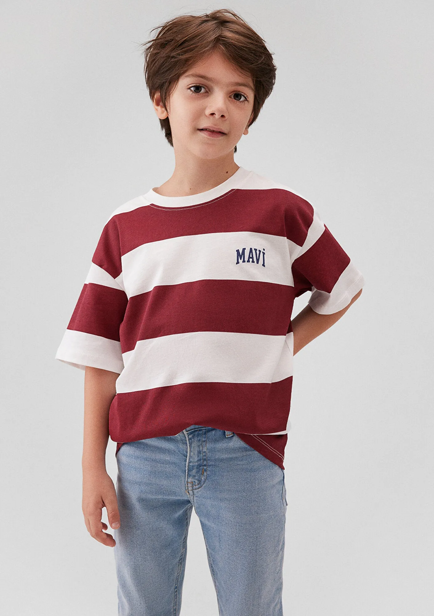 Mavi Logo Printed Burgundy Striped Tshirt