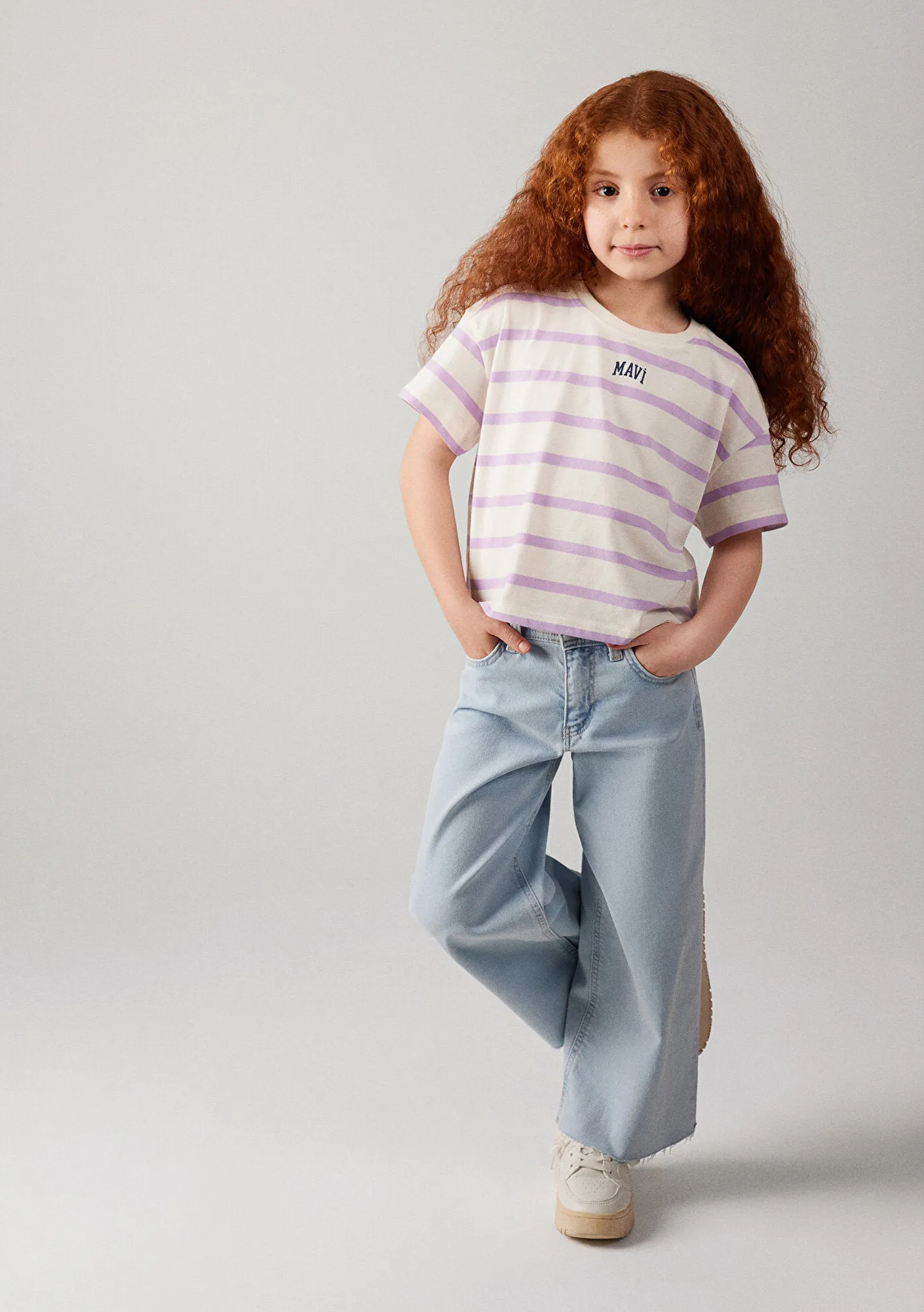 Mavi Logo Printed Purple Striped Crop T-Shirt