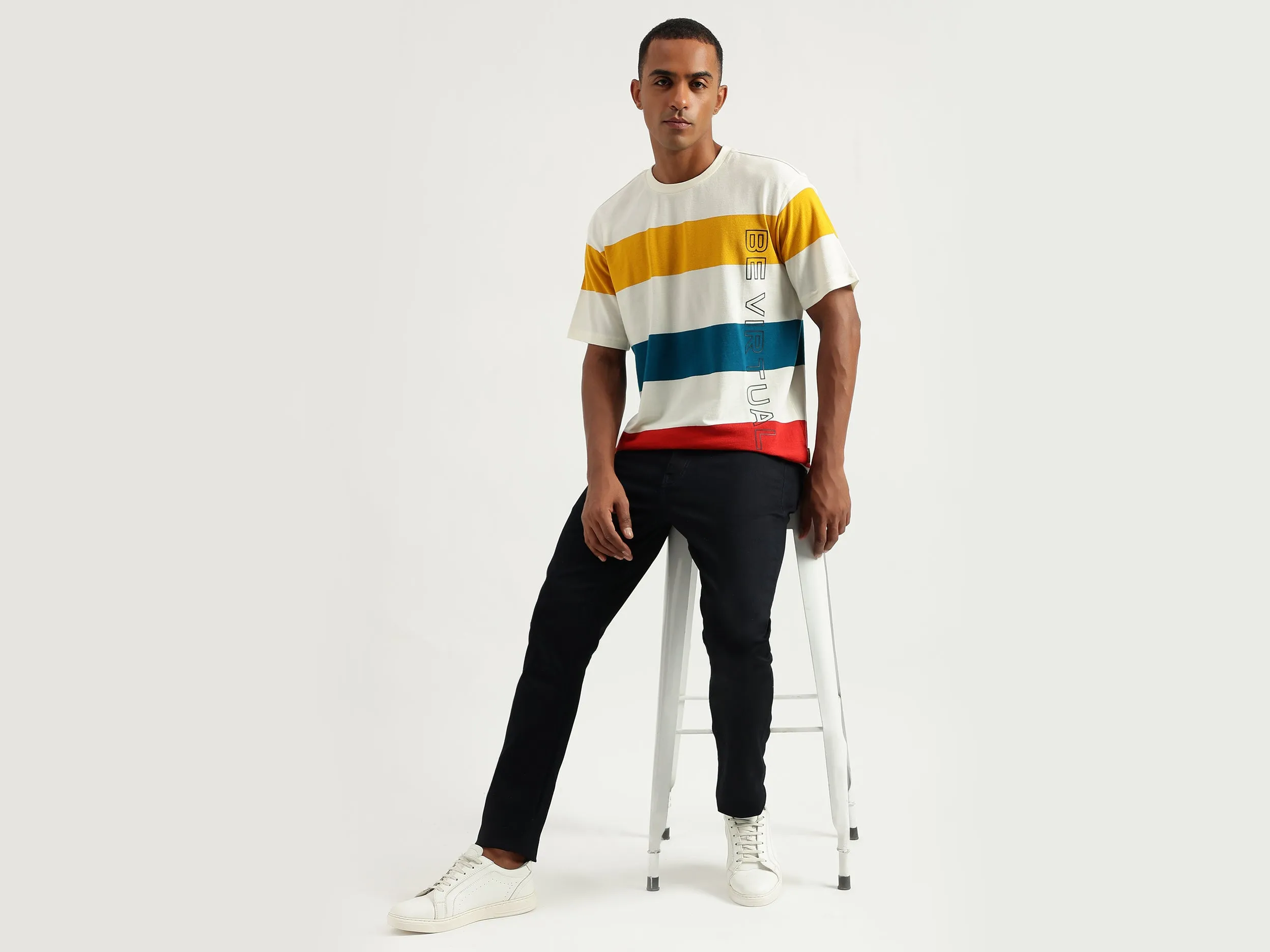 Men's Boxy Fit Crew Neck Striped Tshirts