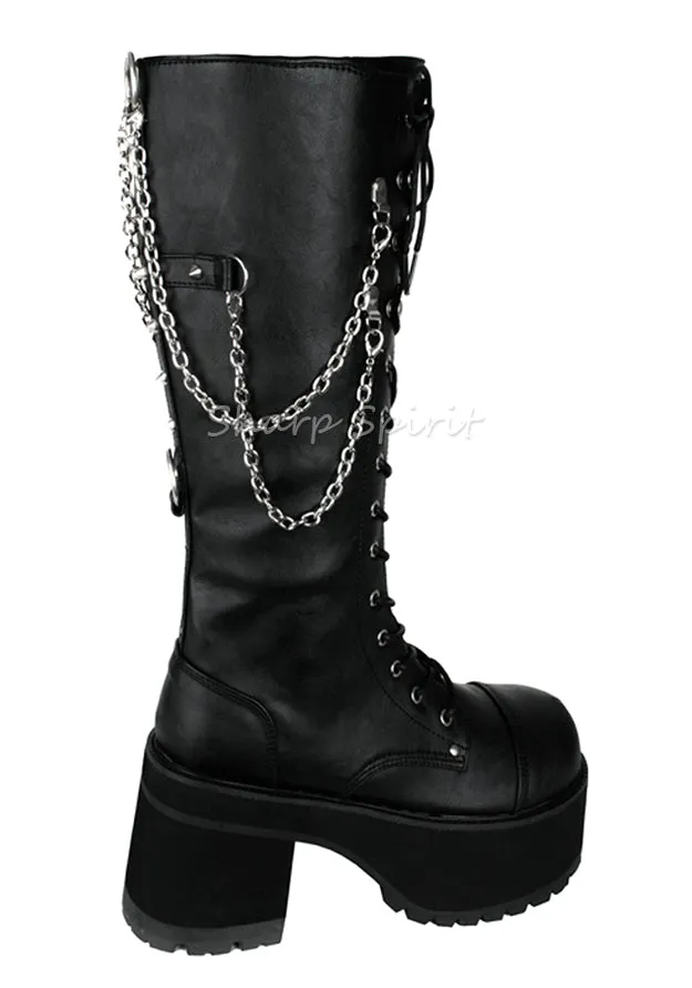 Mens Lace Up Rave Gothic Platform Boots w. Chains