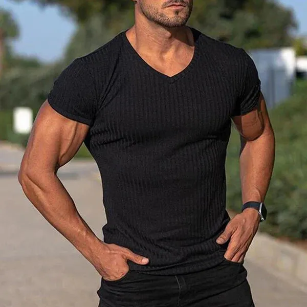 MEN'S V NECK SHORT SLEEVE STRIPED T-SHIRT