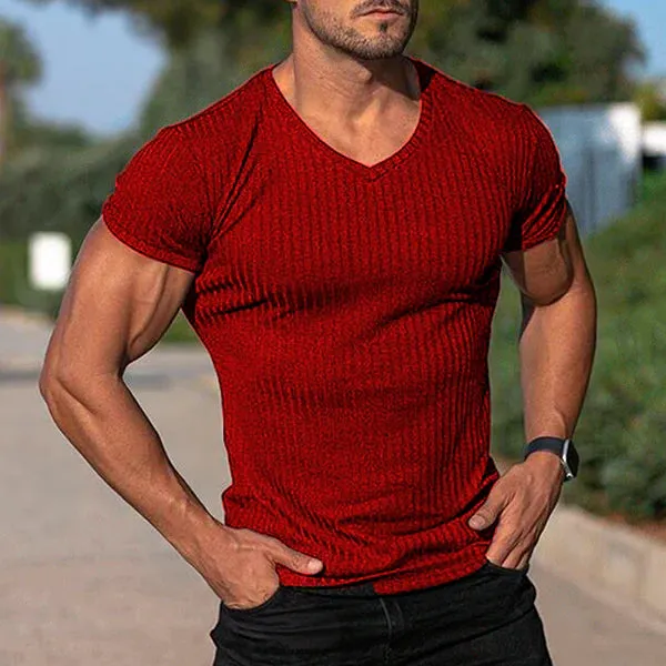 MEN'S V NECK SHORT SLEEVE STRIPED T-SHIRT