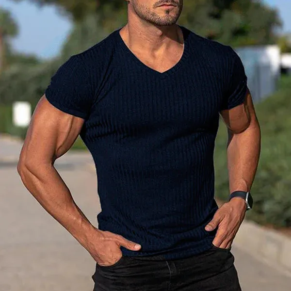 MEN'S V NECK SHORT SLEEVE STRIPED T-SHIRT