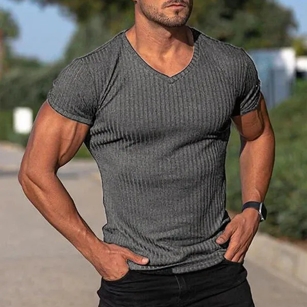 MEN'S V NECK SHORT SLEEVE STRIPED T-SHIRT