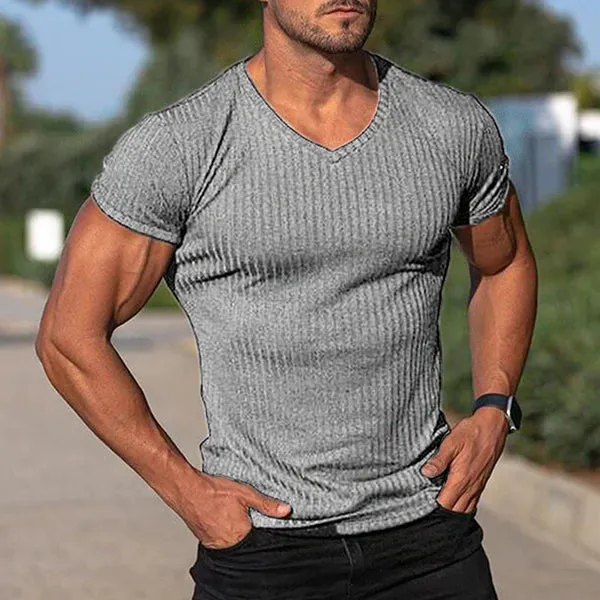 MEN'S V NECK SHORT SLEEVE STRIPED T-SHIRT