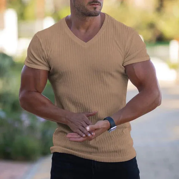 MEN'S V NECK SHORT SLEEVE STRIPED T-SHIRT
