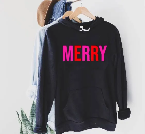 Merry Hot Pink and Red Hoodie | Christmas Hoodie | Soft Unisex Fleece Hoodie