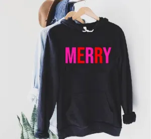 Merry Hot Pink and Red Hoodie | Christmas Hoodie | Soft Unisex Fleece Hoodie