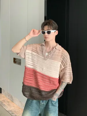 Mesh-knit Striped Polo Shirt