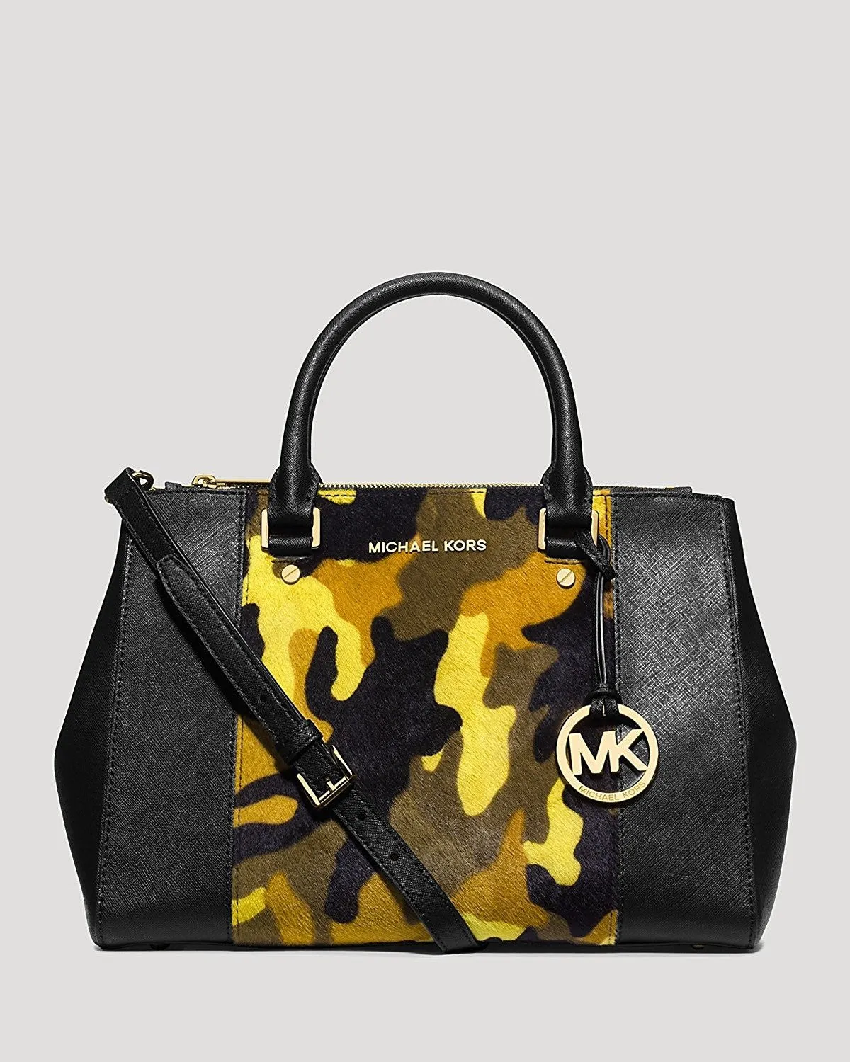 Michael Kors Sutton Haircalf Satchel Camo Acid Lemon Shoulder Handbag Purse New