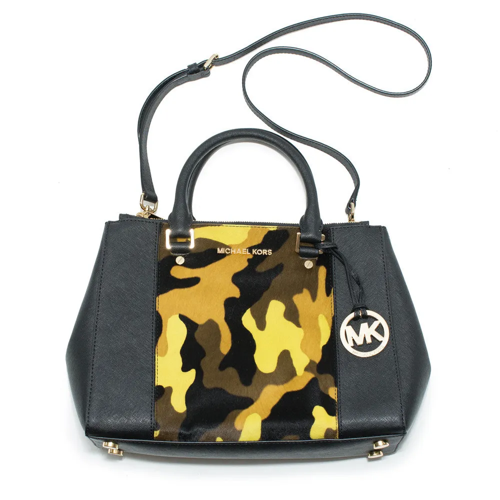 Michael Kors Sutton Haircalf Satchel Camo Acid Lemon Shoulder Handbag Purse New