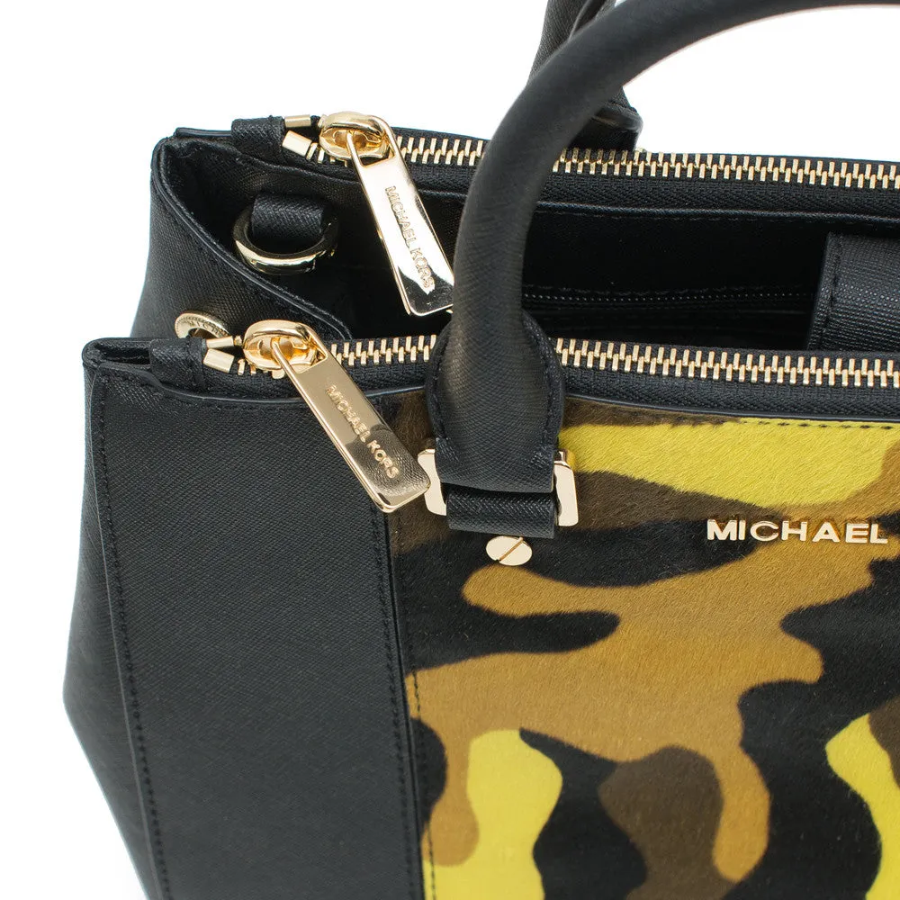 Michael Kors Sutton Haircalf Satchel Camo Acid Lemon Shoulder Handbag Purse New