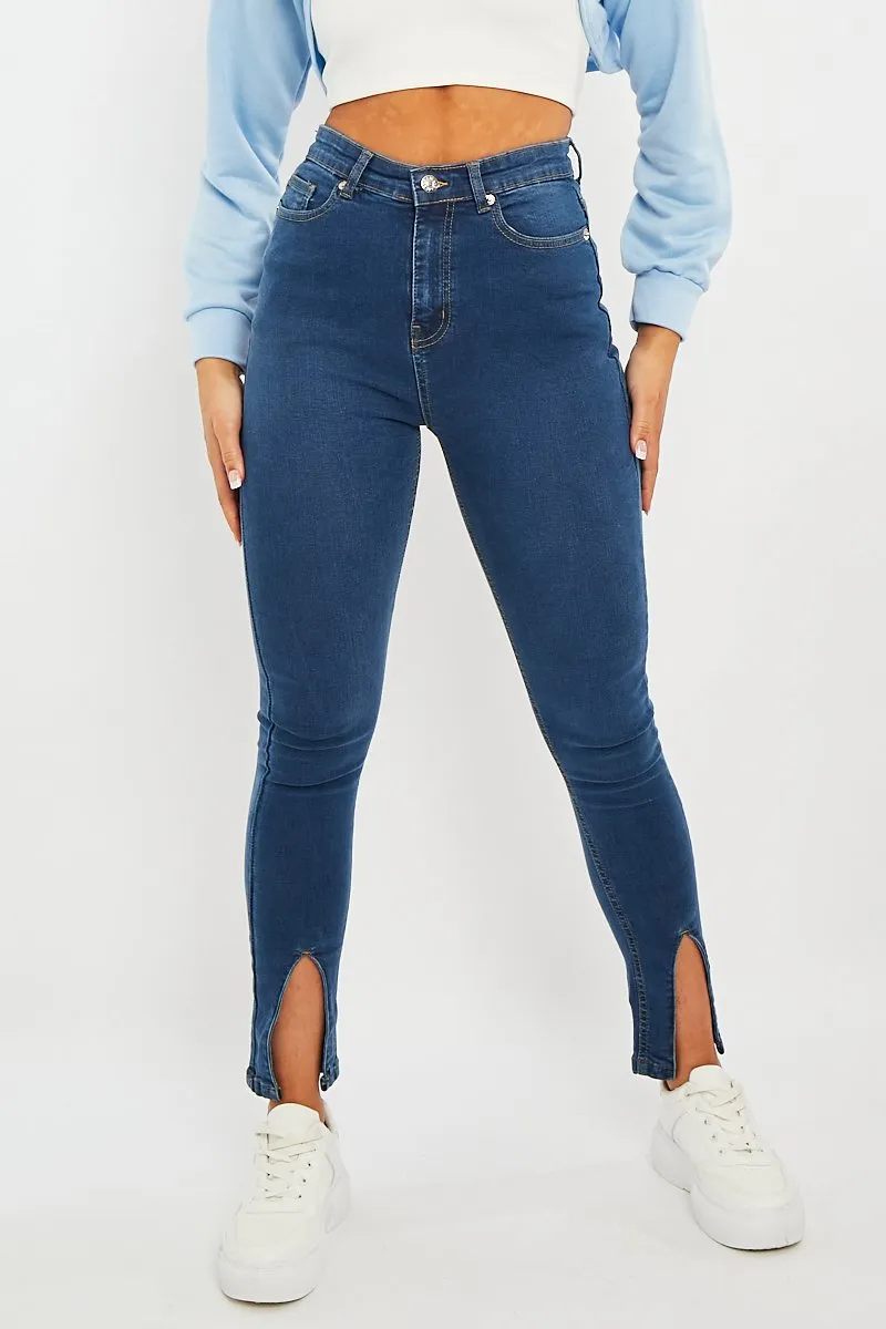 Mid Blue Split Front Skinny Jeans - Martha
