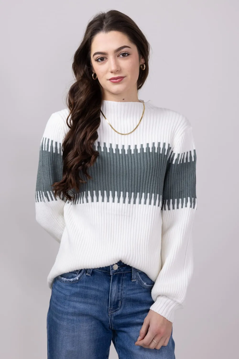 Miracle Stripe Key Sweater for Women in Ivory Sage | M8183-IVORYSAGE