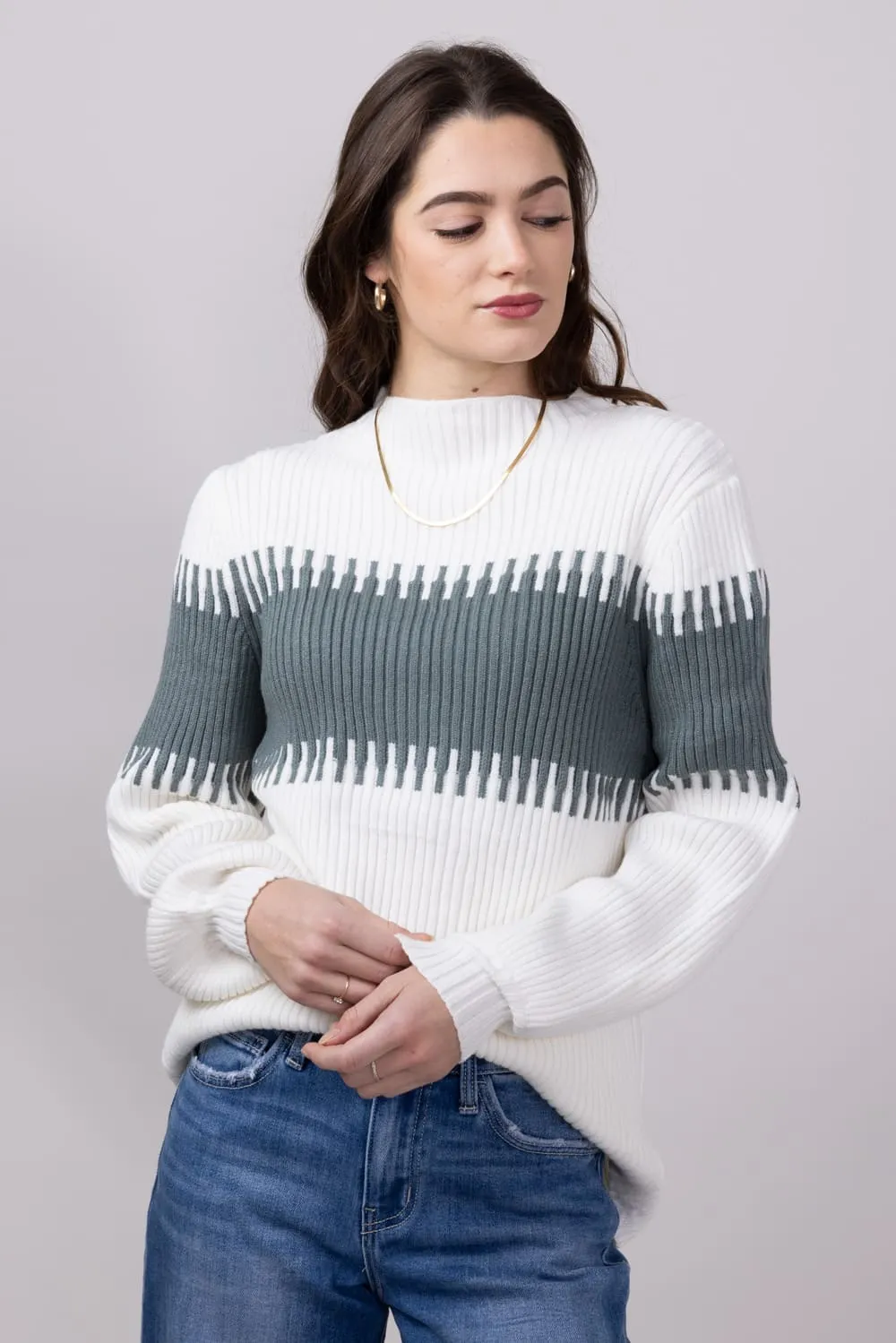 Miracle Stripe Key Sweater for Women in Ivory Sage | M8183-IVORYSAGE
