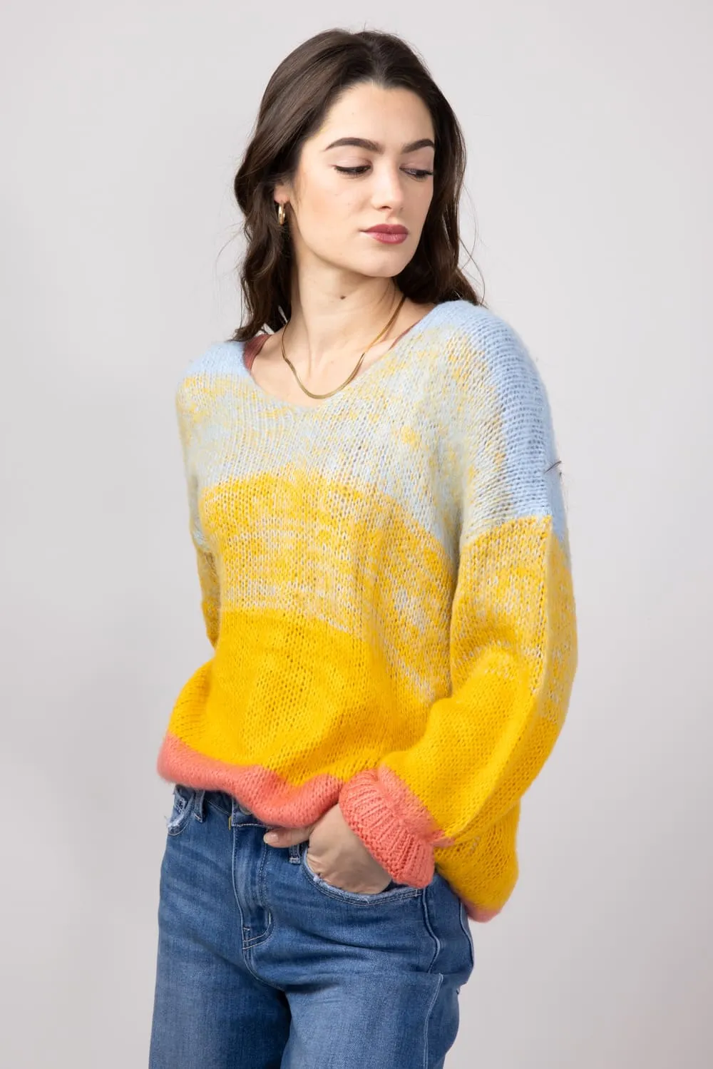 Miracle Striped Ombre V-Neck Knit Sweater for Women in Blue Multi | 6645-BLUEMULTI