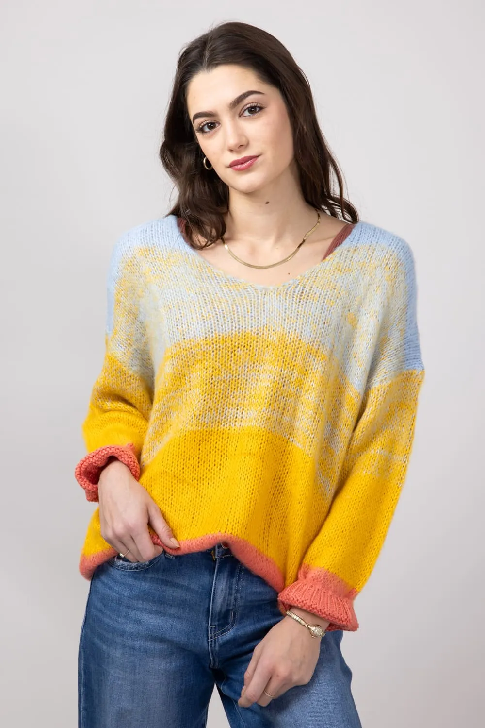 Miracle Striped Ombre V-Neck Knit Sweater for Women in Blue Multi | 6645-BLUEMULTI