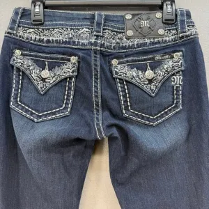 Miss Me Jeans Women's 27 (4) Blue Signature Boot Sequin Floral Western Blingy