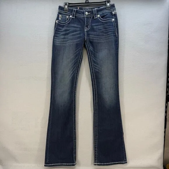 Miss Me Jeans Women's 27 (4) Blue Signature Boot Sequin Floral Western Blingy