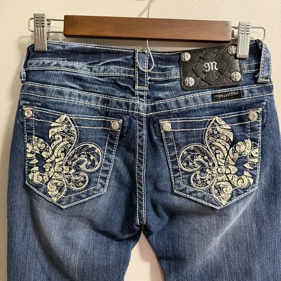 Miss Me Womens Bootcut Denim Jeans Fleur De Lis Crystal Embellish JP5468B
