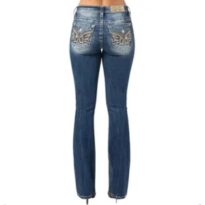 MISS ME Women's Mid Rise Gold Trim Angel Wing Bootcut Medium Blue Jeans M3080B36