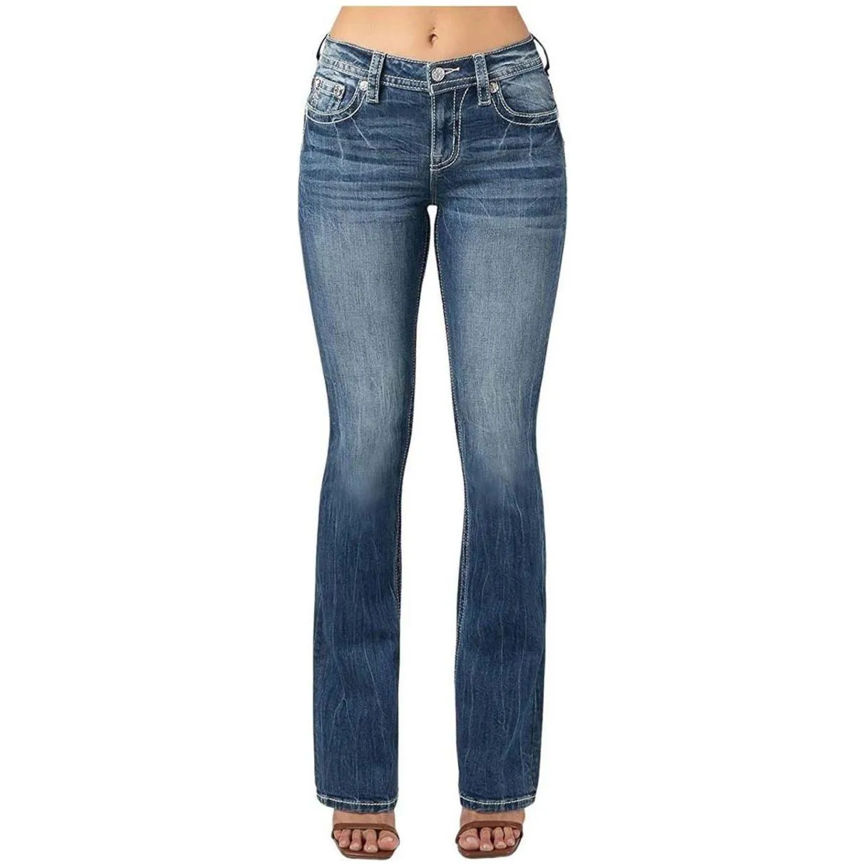 MISS ME Women's Mid Rise Gold Trim Angel Wing Bootcut Medium Blue Jeans M3080B36
