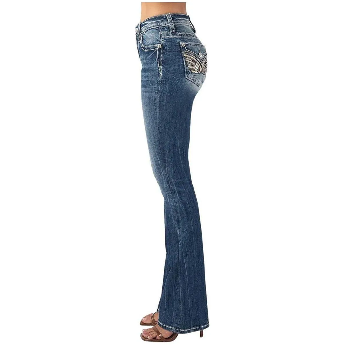 MISS ME Women's Mid Rise Gold Trim Angel Wing Bootcut Medium Blue Jeans M3080B36
