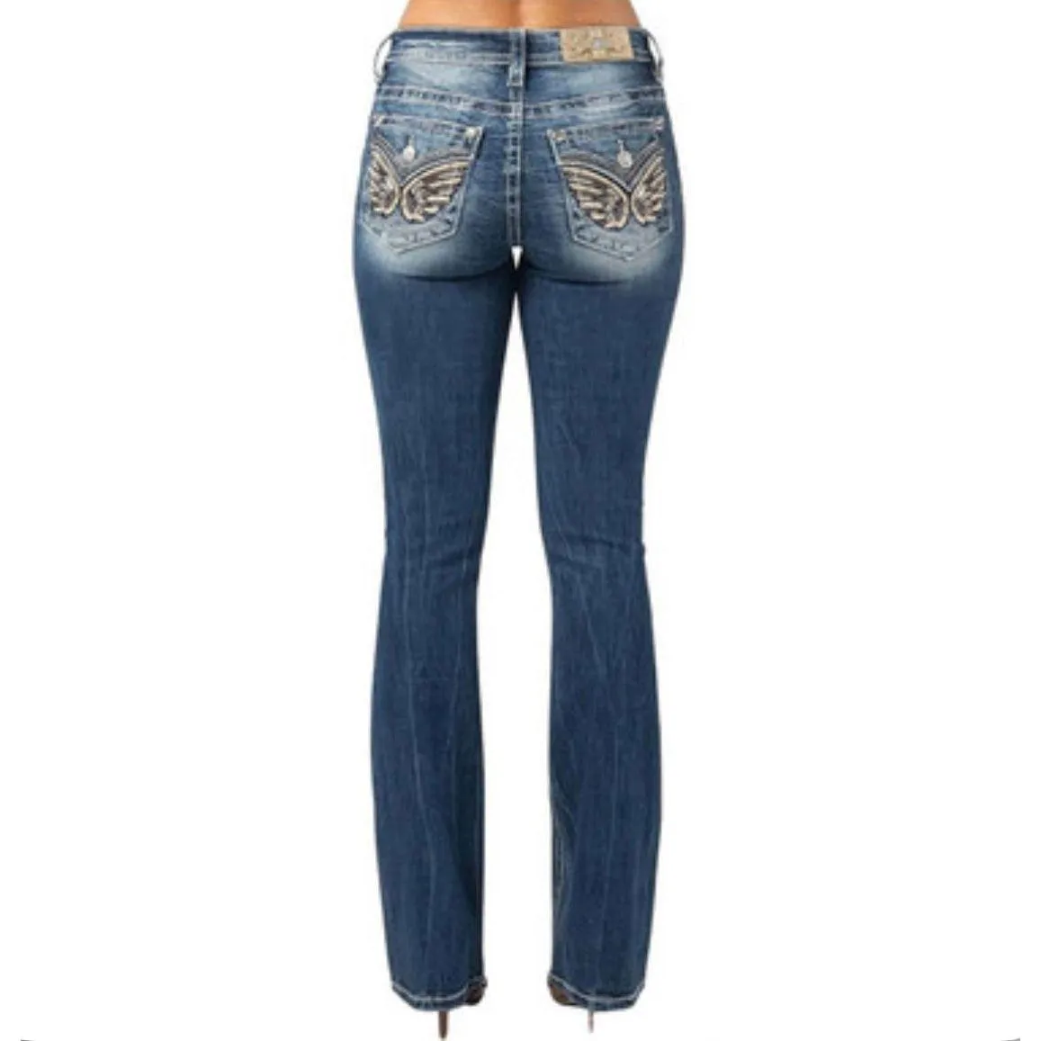 MISS ME Women's Mid Rise Gold Trim Angel Wing Bootcut Medium Blue Jeans M3080B36