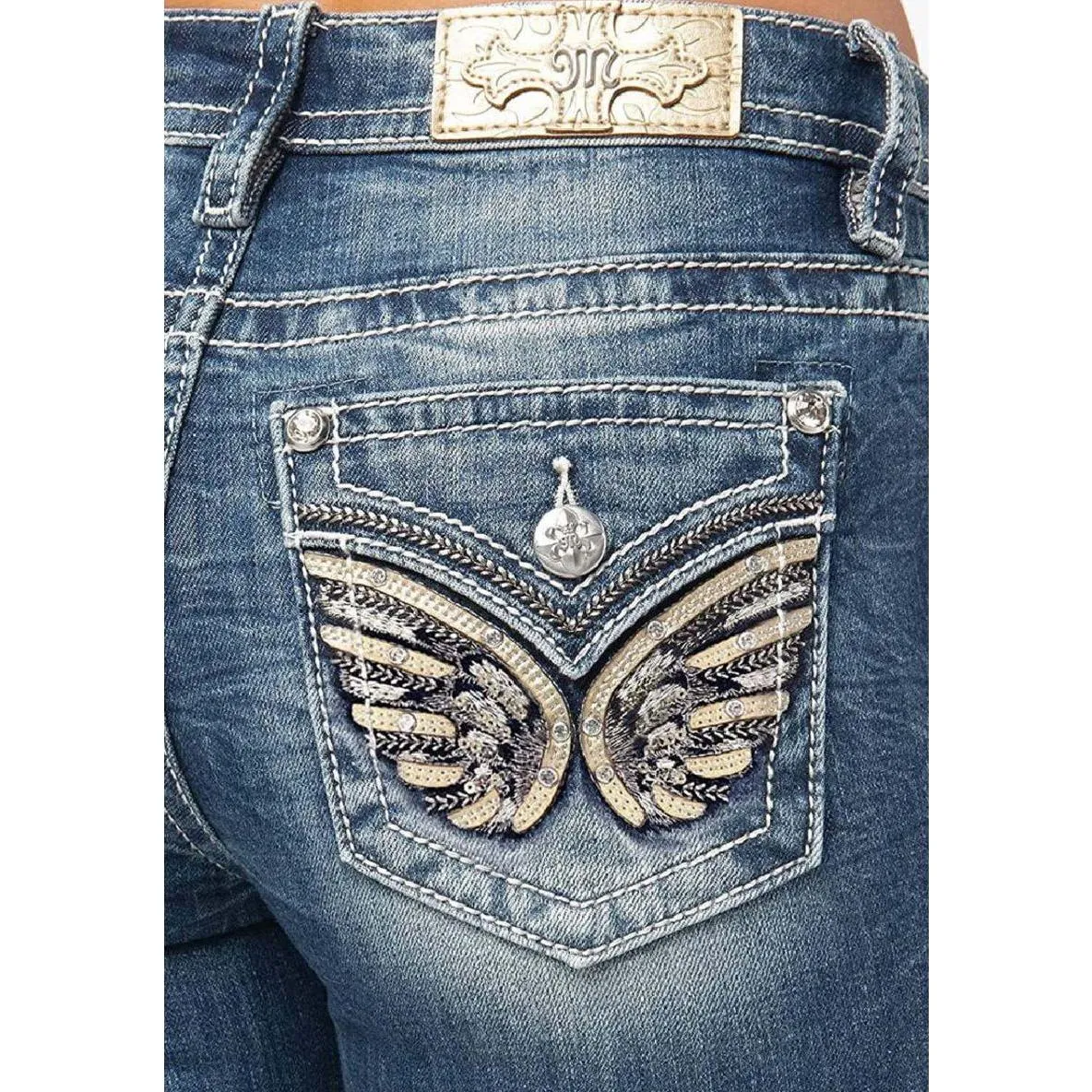 MISS ME Women's Mid Rise Gold Trim Angel Wing Bootcut Medium Blue Jeans M3080B36