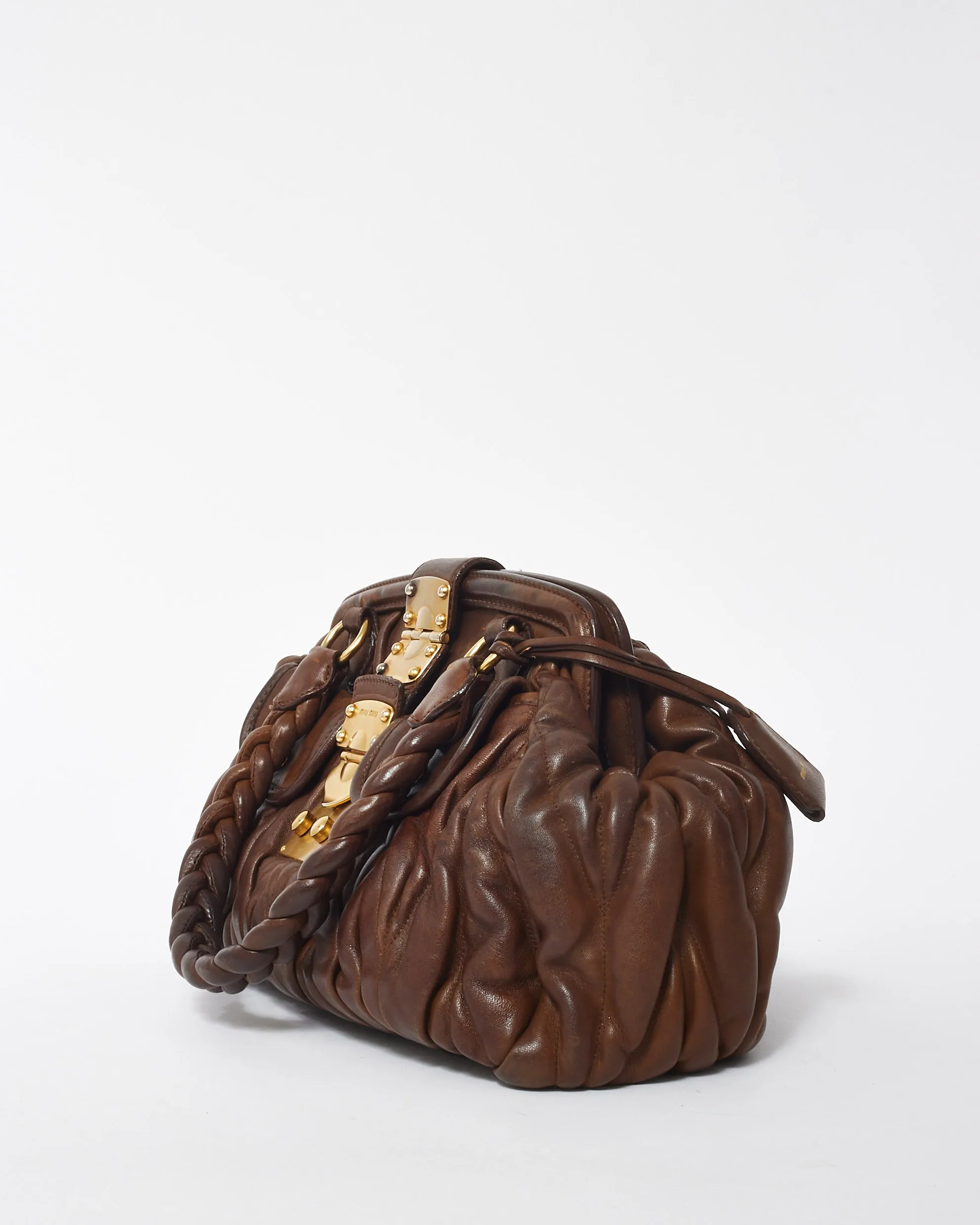 Miu Miu Brown Matelassé Leather Coffer Frame Satchel