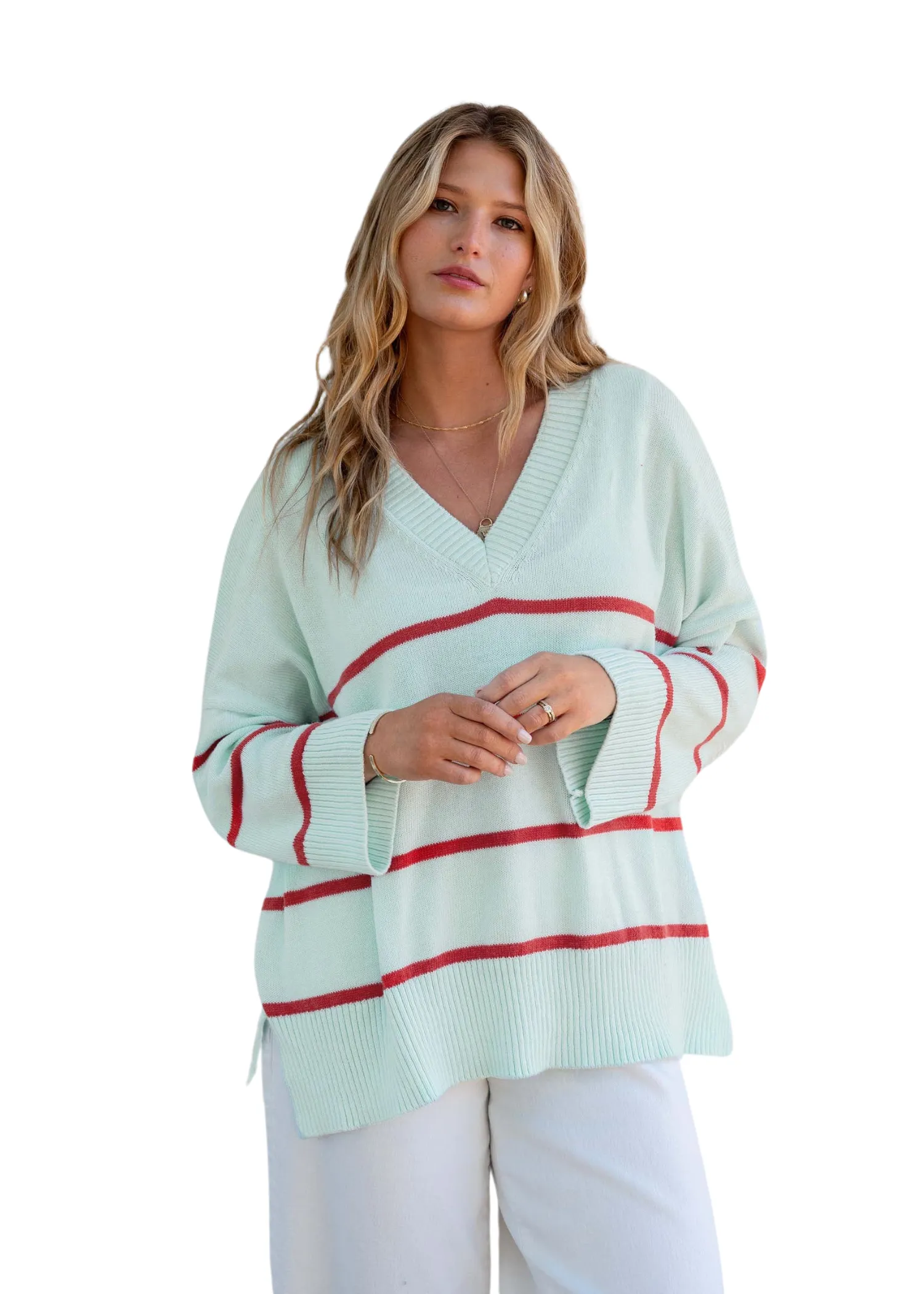 MONTAUK V-NECK SWEATER - BLUE/ BLOOD ORANGE