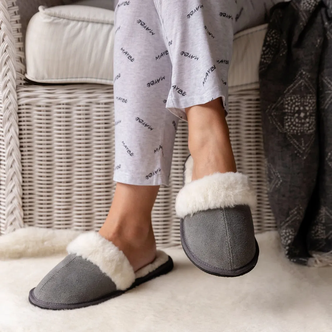 Mule | Charcoal | Suede | Wool Collar