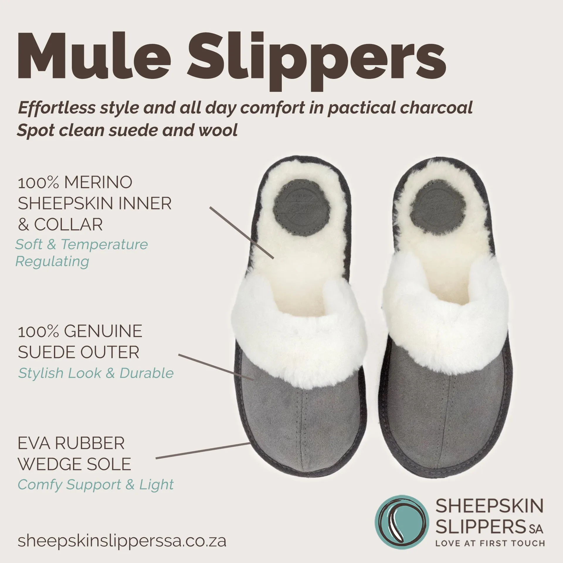 Mule | Charcoal | Suede | Wool Collar