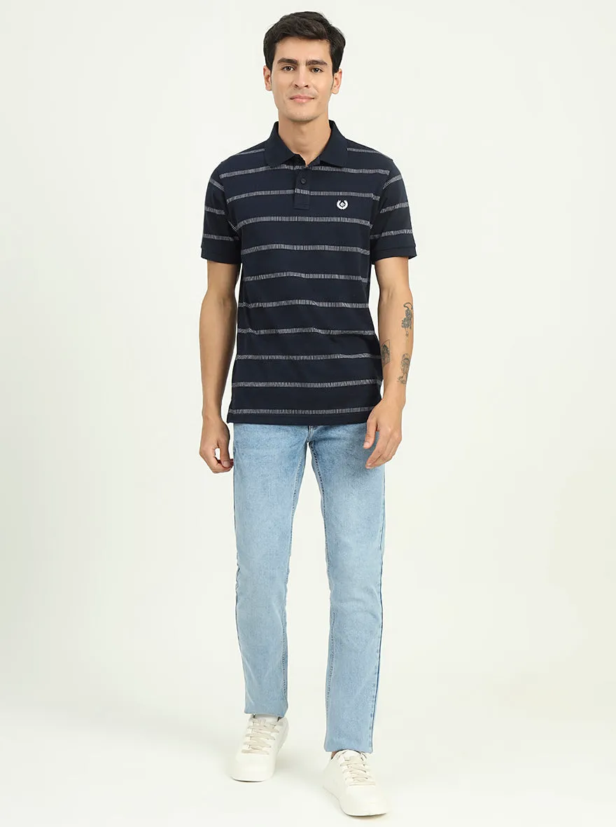Navy Blue & White Striped Slim Fit Polo T-Shirt | Greenfibre