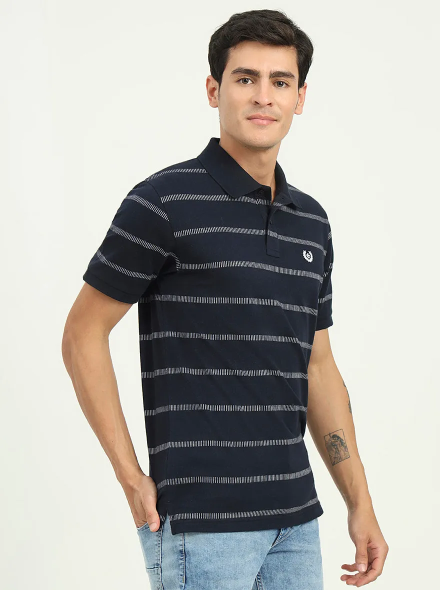Navy Blue & White Striped Slim Fit Polo T-Shirt | Greenfibre