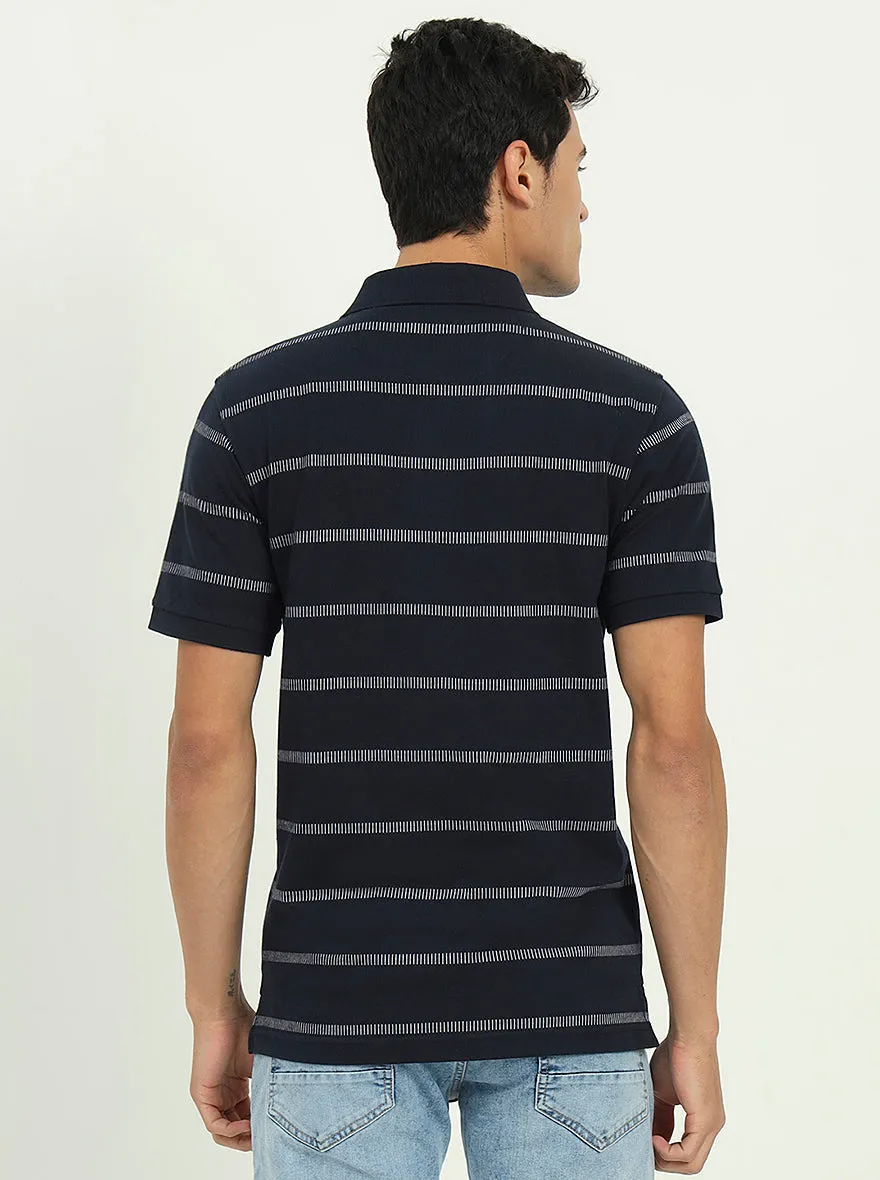 Navy Blue & White Striped Slim Fit Polo T-Shirt | Greenfibre
