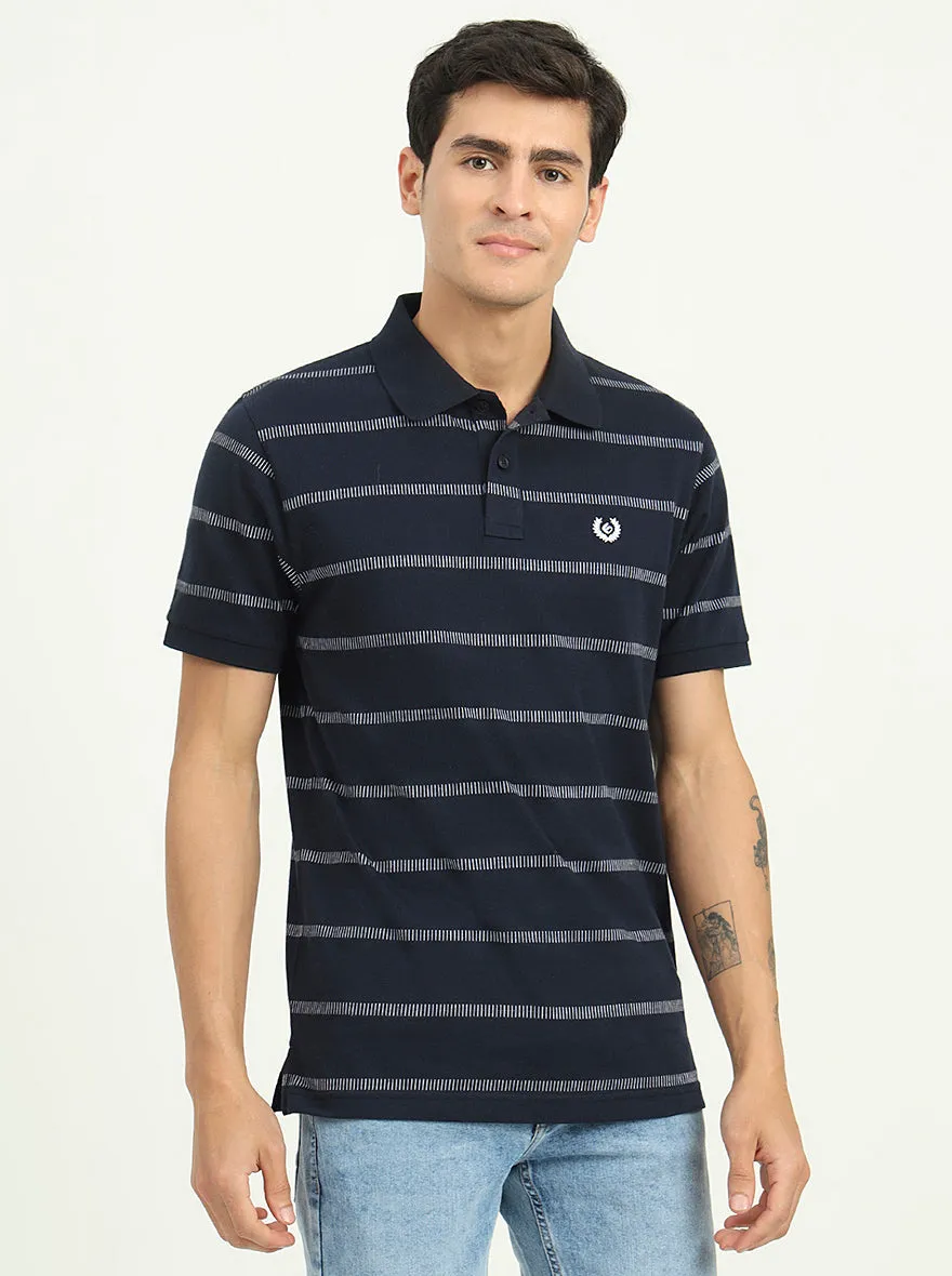 Navy Blue & White Striped Slim Fit Polo T-Shirt | Greenfibre
