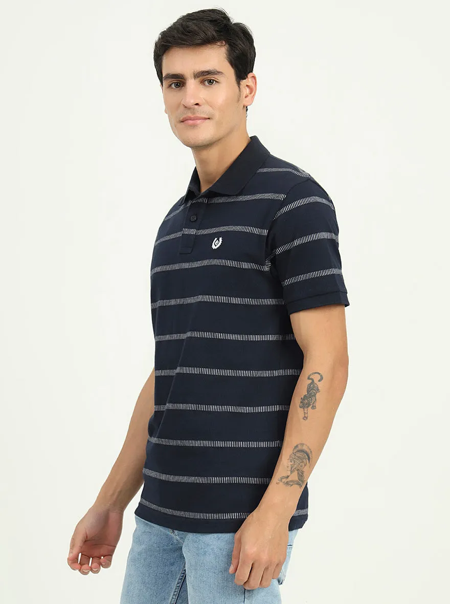 Navy Blue & White Striped Slim Fit Polo T-Shirt | Greenfibre