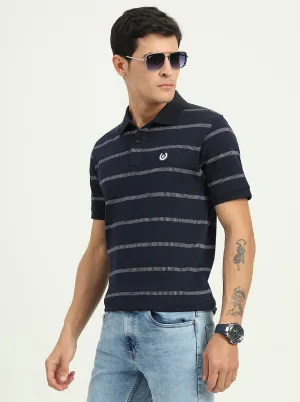 Navy Blue & White Striped Slim Fit Polo T-Shirt | Greenfibre