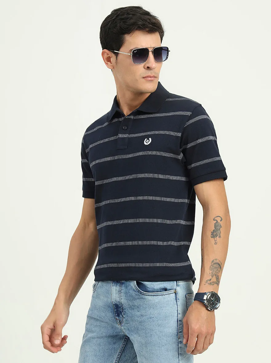 Navy Blue & White Striped Slim Fit Polo T-Shirt | Greenfibre