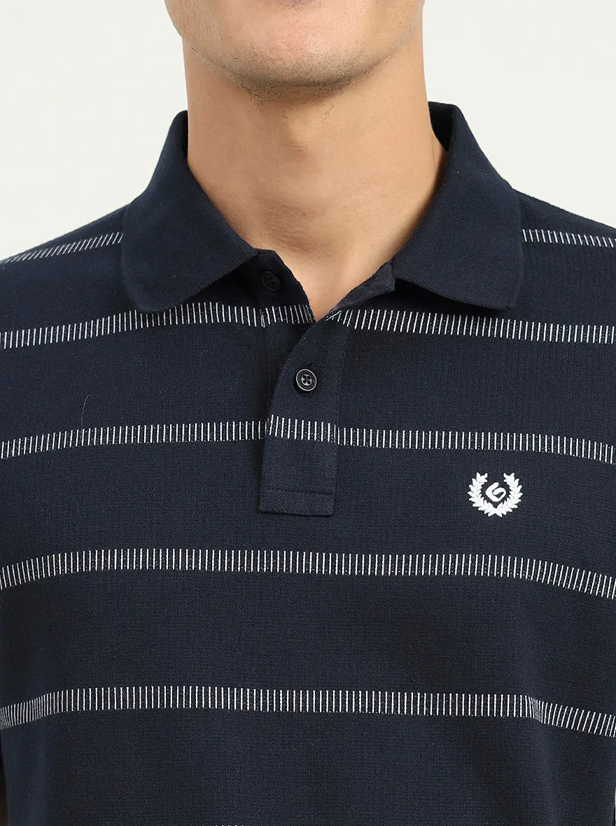 Navy Blue & White Striped Slim Fit Polo T-Shirt | Greenfibre