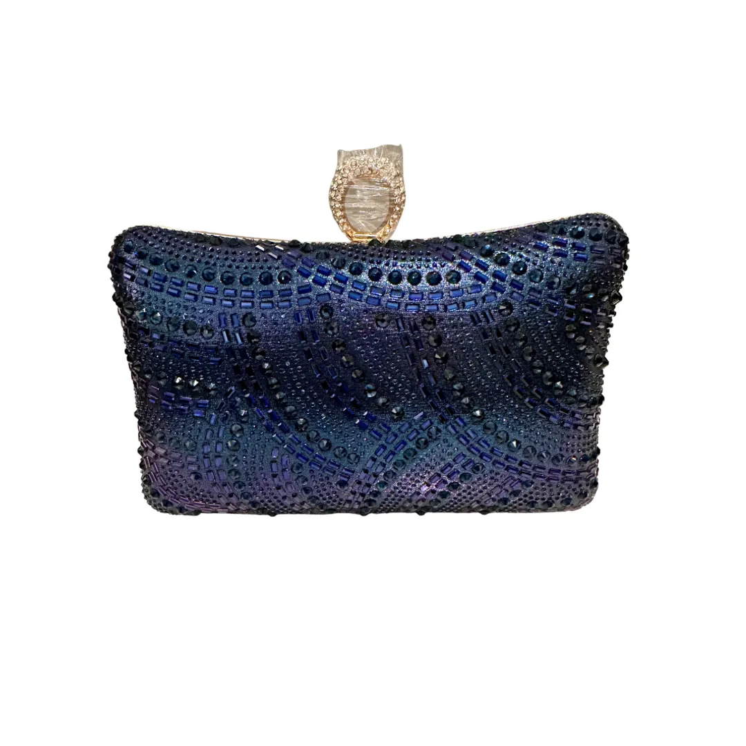 NAVY CRYSTAL BLING CURVE CLUTCH WITH CHAIN