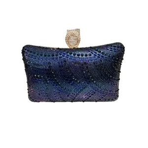NAVY CRYSTAL BLING CURVE CLUTCH WITH CHAIN