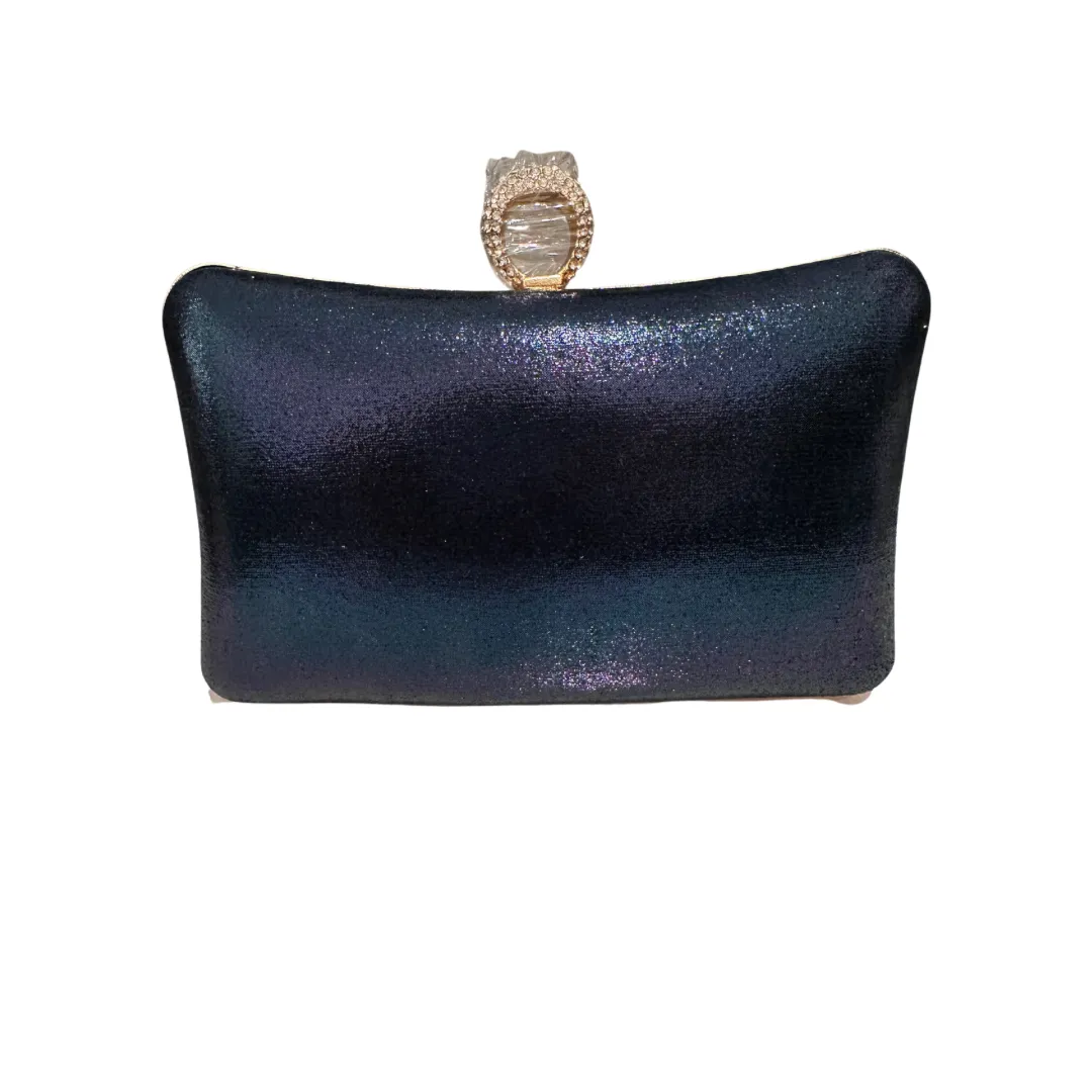 NAVY CRYSTAL BLING CURVE CLUTCH WITH CHAIN