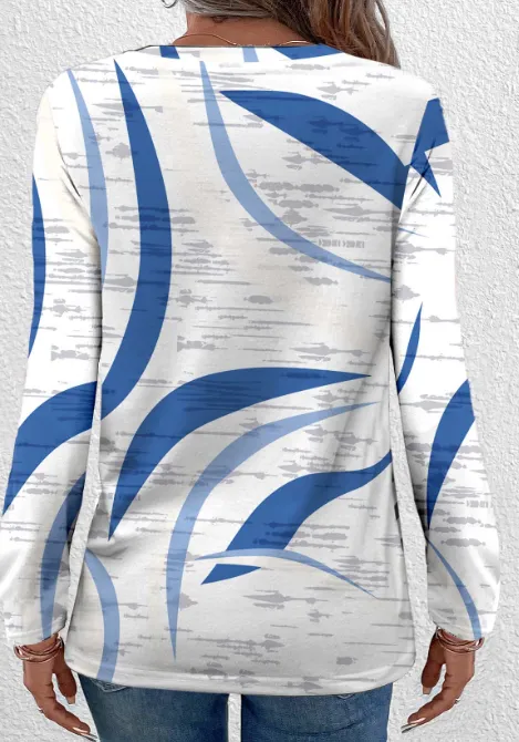 NEW Blue Lightweight Geometric Print Long Sleeve T Shirt - Size L