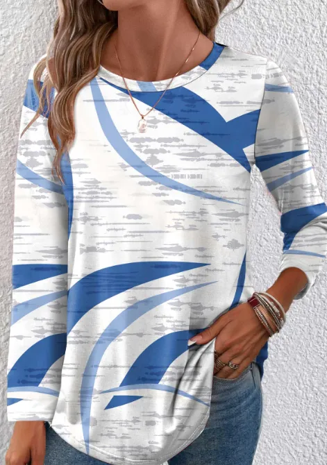 NEW Blue Lightweight Geometric Print Long Sleeve T Shirt - Size L