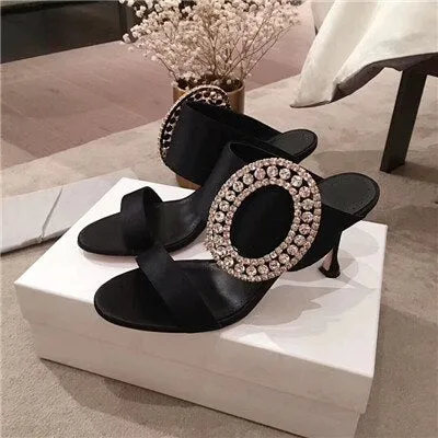 New Silk Two bands high heel Slippers shoes woman Luxury Big Circular rhinestone buckle Mules Dress party shoes jeweled sandals